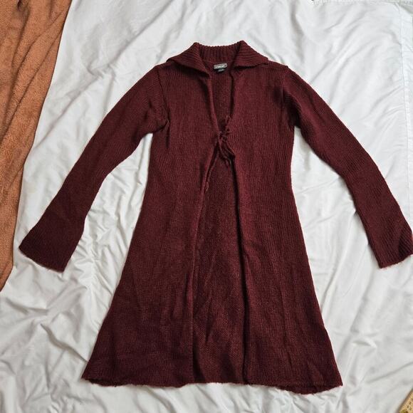 Rave Womens Vintage Y2K Knit Tie-Front Cardigan M Wool-Blend Long Sweater Maroon - Picture 5 of 10